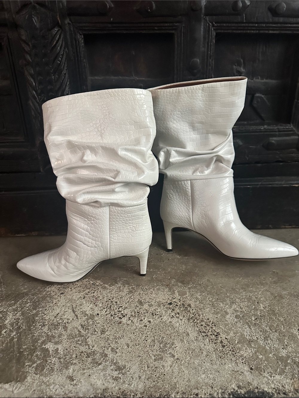 Paris Texas White Croc Embossed Leather Slouchy Mid-Calf Heeled Boots